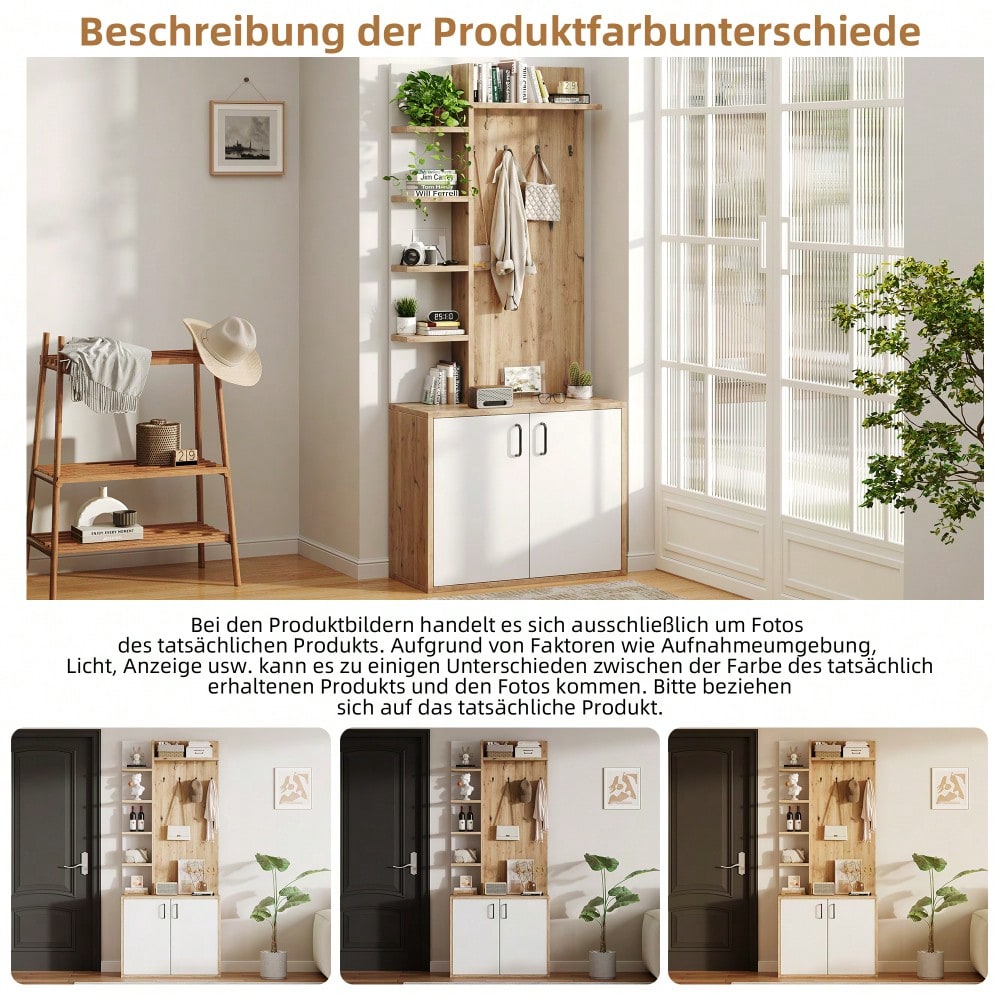 75*33*180cm Garderobenständer mit Garderobe, Schuhaufbewahrung, Flurausstattung mit Kleiderhaken, Flurschrank mit 5-lagiger Stauraumeinteilung und Stauraumschränken, Original Holzfarbe + weißes