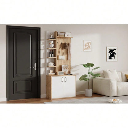 75*33*180cm Garderobenständer mit Garderobe, Schuhaufbewahrung, Flurausstattung mit Kleiderhaken, Flurschrank mit 5-lagiger Stauraumeinteilung und Stauraumschränken, Original Holzfarbe + weißes