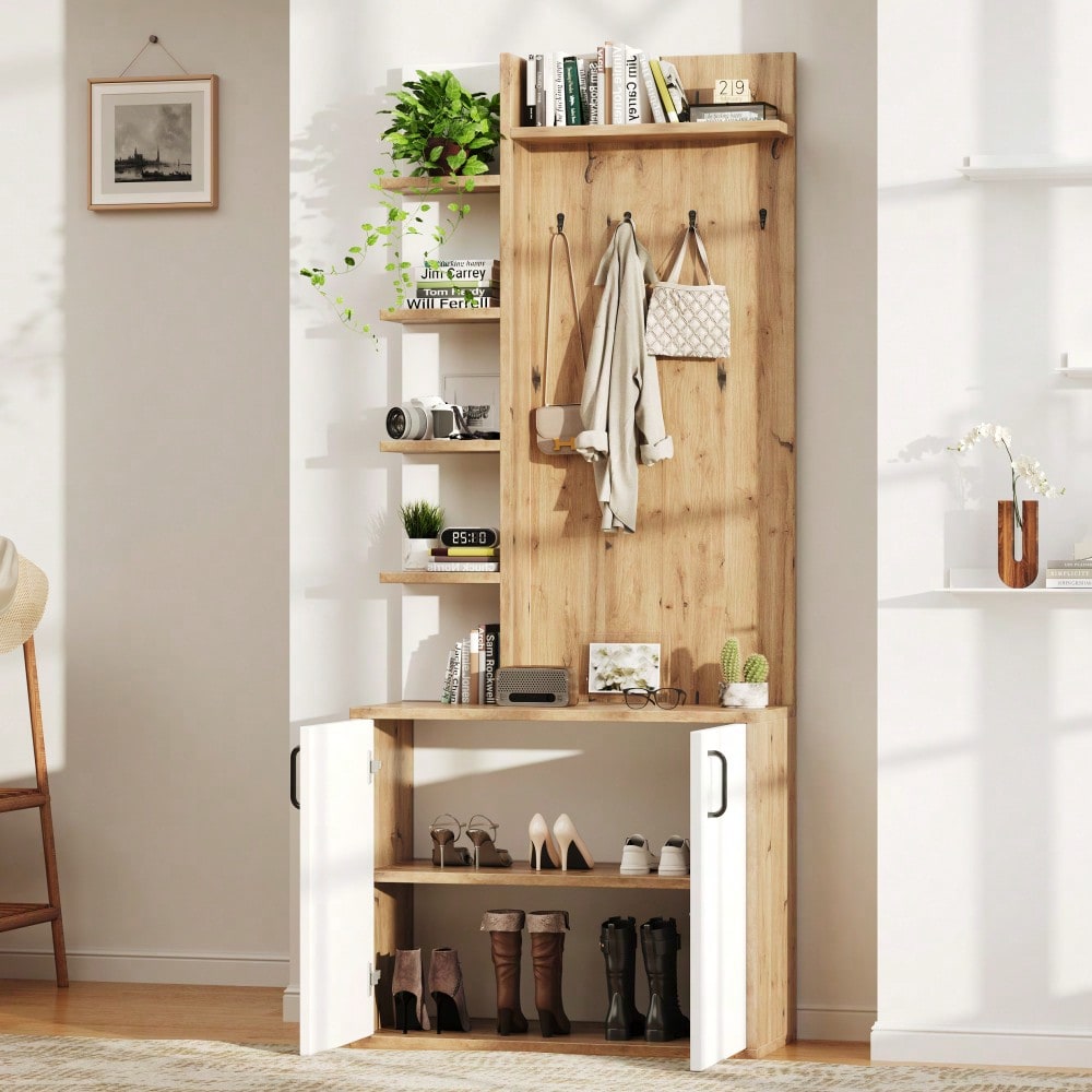 75*33*180cm Garderobenständer mit Garderobe, Schuhaufbewahrung, Flurausstattung mit Kleiderhaken, Flurschrank mit 5-lagiger Stauraumeinteilung und Stauraumschränken, Original Holzfarbe + weißes
