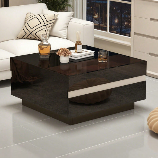 70*70*36 cm quadratischer Teetisch, Couchtisch mit LED,Hochglanz-Sofatisch mit 2 Schubladen , Wohnzimmertisch,Kaffeetis aus gehärtetem Glas, Beistelltisch mit geometrische Design