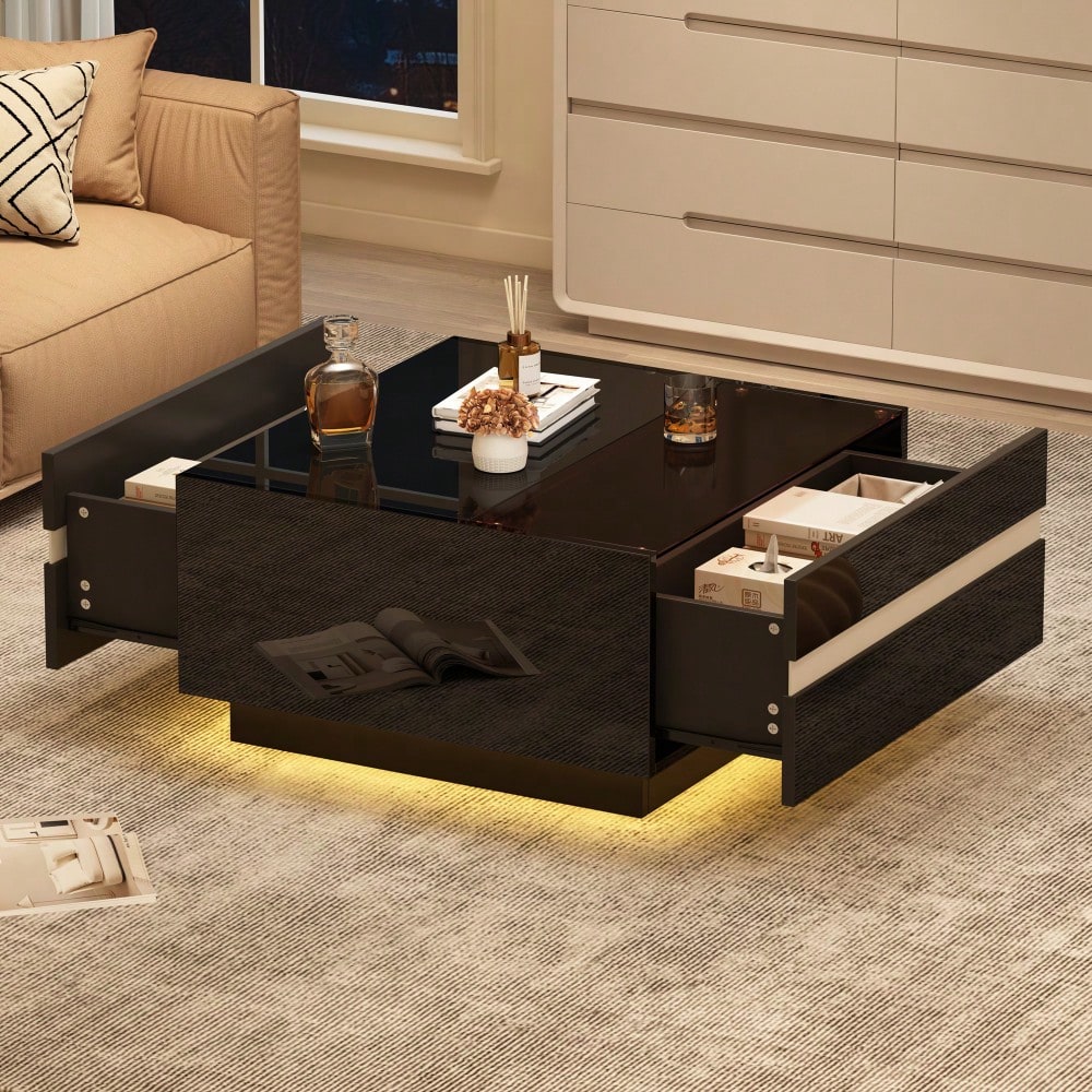 70*70*36 cm quadratischer Teetisch, Couchtisch mit LED,Hochglanz-Sofatisch mit 2 Schubladen , Wohnzimmertisch,Kaffeetis aus gehärtetem Glas, Beistelltisch mit geometrische Design