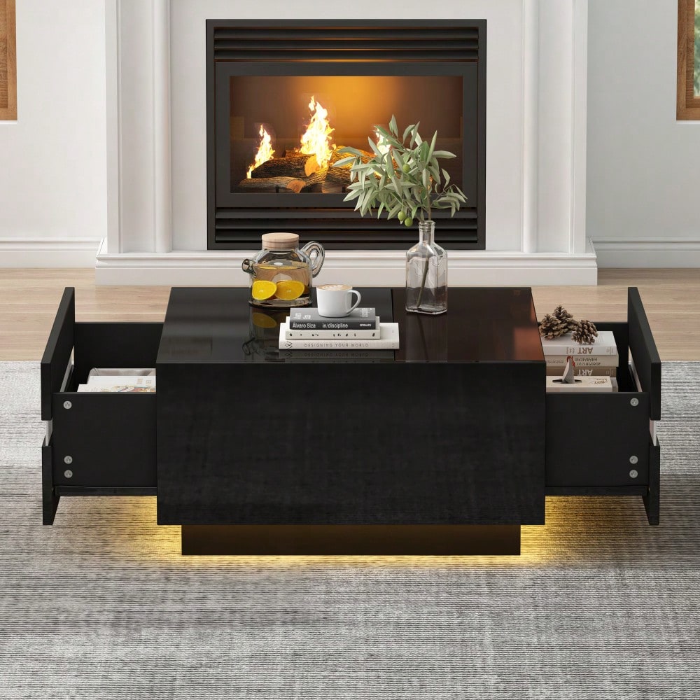70*70*36 cm quadratischer Teetisch, Couchtisch mit LED,Hochglanz-Sofatisch mit 2 Schubladen , Wohnzimmertisch,Kaffeetis aus gehärtetem Glas, Beistelltisch mit geometrische Design