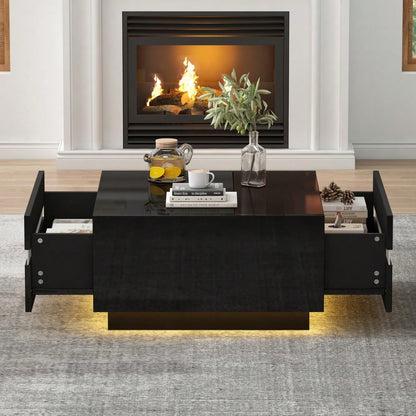 70*70*36 cm quadratischer Teetisch, Couchtisch mit LED,Hochglanz-Sofatisch mit 2 Schubladen , Wohnzimmertisch,Kaffeetis aus gehärtetem Glas, Beistelltisch mit geometrische Design
