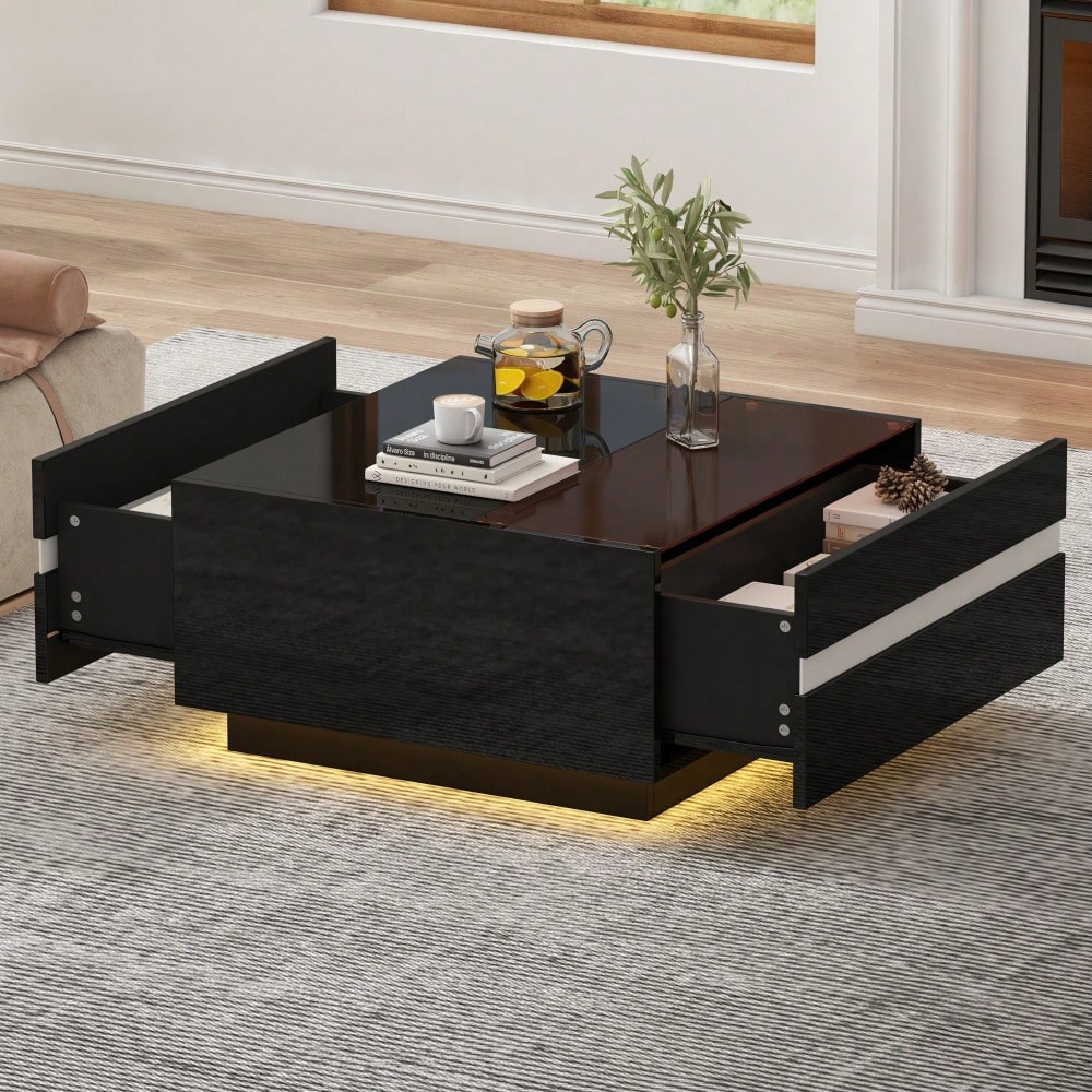 70*70*36 cm quadratischer Teetisch, Couchtisch mit LED,Hochglanz-Sofatisch mit 2 Schubladen , Wohnzimmertisch,Kaffeetis aus gehärtetem Glas, Beistelltisch mit geometrische Design