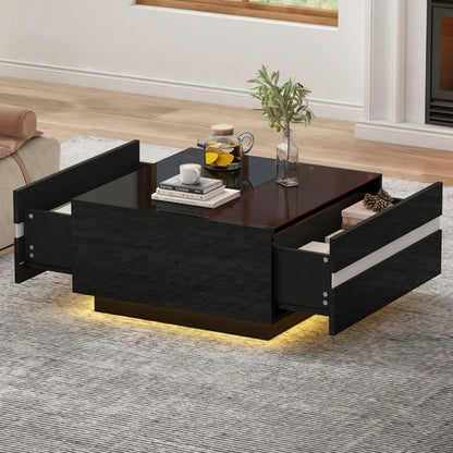70*70*36 cm quadratischer Teetisch, Couchtisch mit LED,Hochglanz-Sofatisch mit 2 Schubladen , Wohnzimmertisch,Kaffeetis aus gehärtetem Glas, Beistelltisch mit geometrische Design