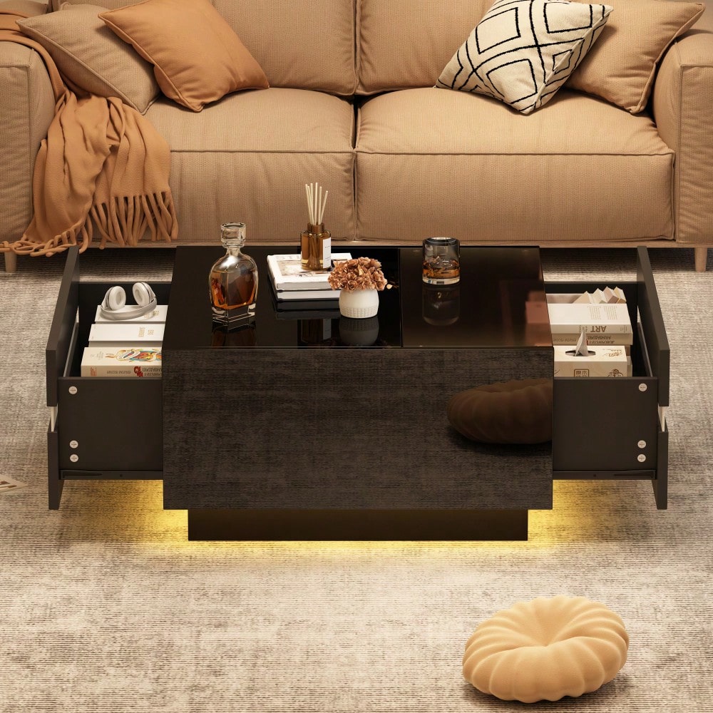 70*70*36 cm quadratischer Teetisch, Couchtisch mit LED,Hochglanz-Sofatisch mit 2 Schubladen , Wohnzimmertisch,Kaffeetis aus gehärtetem Glas, Beistelltisch mit geometrische Design