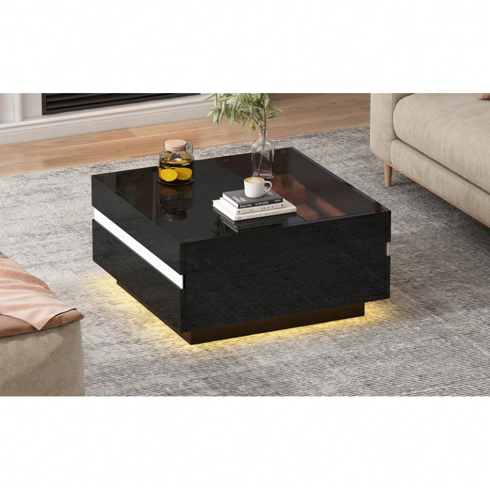 70*70*36 cm quadratischer Teetisch, Couchtisch mit LED,Hochglanz-Sofatisch mit 2 Schubladen , Wohnzimmertisch,Kaffeetis aus gehärtetem Glas, Beistelltisch mit geometrische Design