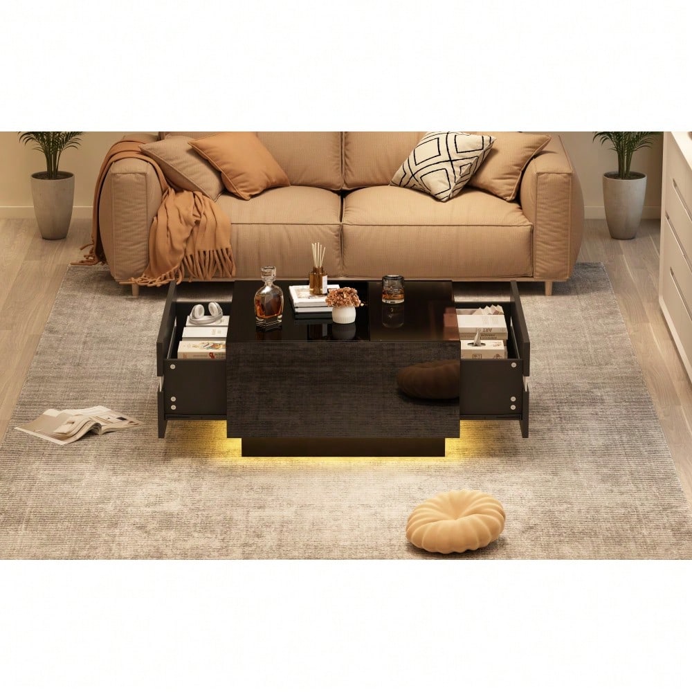 70*70*36 cm quadratischer Teetisch, Couchtisch mit LED,Hochglanz-Sofatisch mit 2 Schubladen , Wohnzimmertisch,Kaffeetis aus gehärtetem Glas, Beistelltisch mit geometrische Design