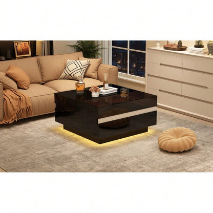 70*70*36 cm quadratischer Teetisch, Couchtisch mit LED,Hochglanz-Sofatisch mit 2 Schubladen , Wohnzimmertisch,Kaffeetis aus gehärtetem Glas, Beistelltisch mit geometrische Design