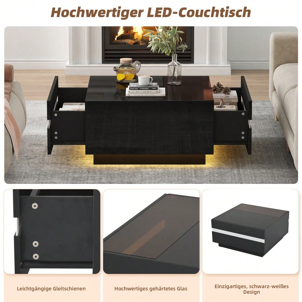 70*70*36 cm quadratischer Teetisch, Couchtisch mit LED,Hochglanz-Sofatisch mit 2 Schubladen , Wohnzimmertisch,Kaffeetis aus gehärtetem Glas, Beistelltisch mit geometrische Design