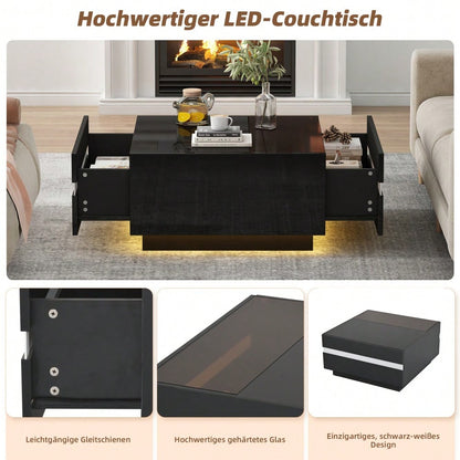 70*70*36 cm quadratischer Teetisch, Couchtisch mit LED,Hochglanz-Sofatisch mit 2 Schubladen , Wohnzimmertisch,Kaffeetis aus gehärtetem Glas, Beistelltisch mit geometrische Design