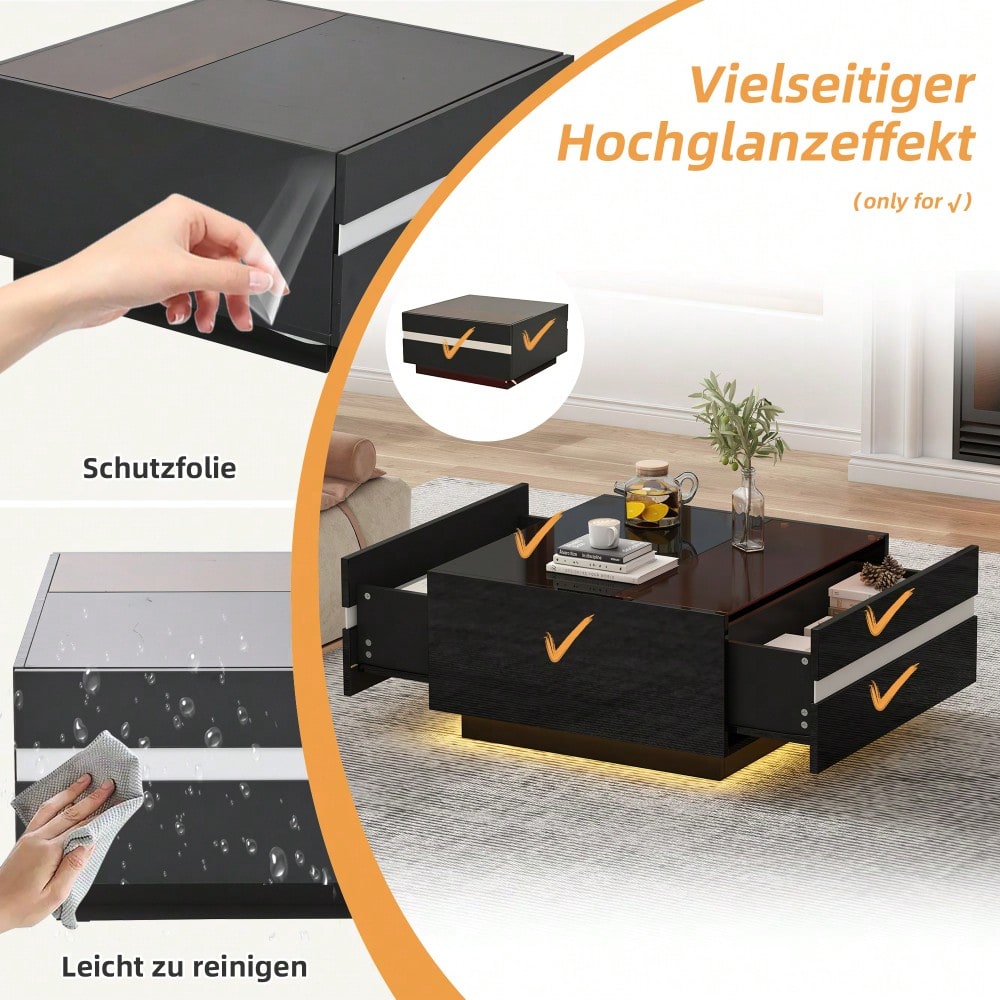 70*70*36 cm quadratischer Teetisch, Couchtisch mit LED,Hochglanz-Sofatisch mit 2 Schubladen , Wohnzimmertisch,Kaffeetis aus gehärtetem Glas, Beistelltisch mit geometrische Design