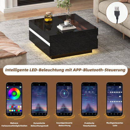 70*70*36 cm quadratischer Teetisch, Couchtisch mit LED,Hochglanz-Sofatisch mit 2 Schubladen , Wohnzimmertisch,Kaffeetis aus gehärtetem Glas, Beistelltisch mit geometrische Design