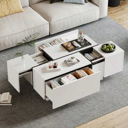 Moderner weißer quadratischer Couchtisch, Sofatisch in Patchwork-Farben mit Hochglanzoptik, 100 x 60 x 40 cm – Wohnzimmertisch mit vier Schubladen, verschiebbare Tischplatte, Tragkraft bis zu 30 kg