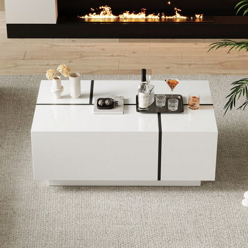 Moderner weißer quadratischer Couchtisch, Sofatisch in Patchwork-Farben mit Hochglanzoptik, 100 x 60 x 40 cm – Wohnzimmertisch mit vier Schubladen, verschiebbare Tischplatte, Tragkraft bis zu 30 kg