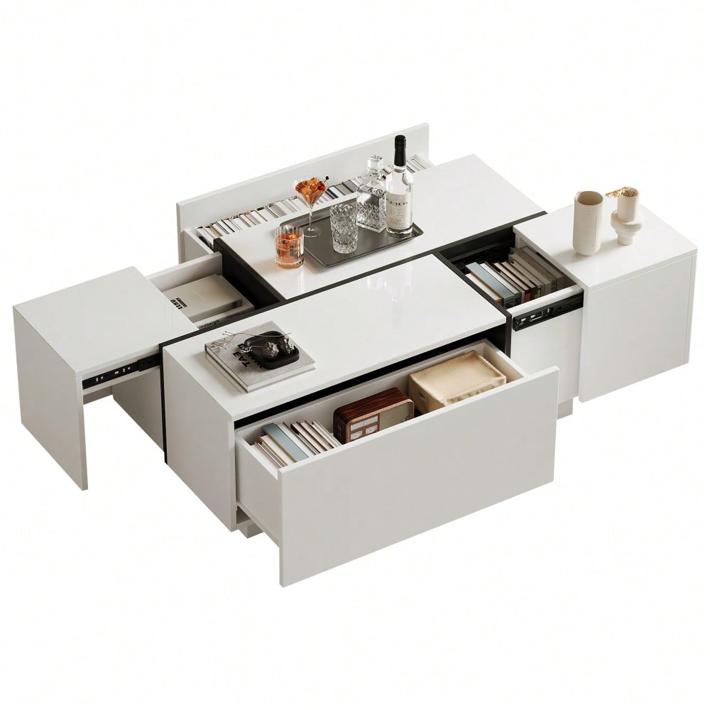 Moderner weißer quadratischer Couchtisch, Sofatisch in Patchwork-Farben mit Hochglanzoptik, 100 x 60 x 40 cm – Wohnzimmertisch mit vier Schubladen, verschiebbare Tischplatte, Tragkraft bis zu 30 kg