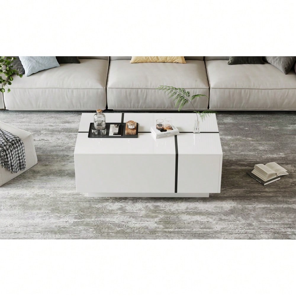 Moderner weißer quadratischer Couchtisch, Sofatisch in Patchwork-Farben mit Hochglanzoptik, 100 x 60 x 40 cm – Wohnzimmertisch mit vier Schubladen, verschiebbare Tischplatte, Tragkraft bis zu 30 kg