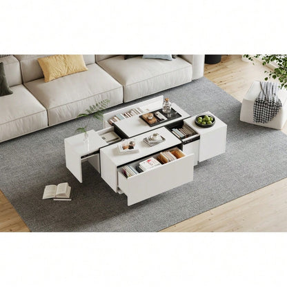 Moderner weißer quadratischer Couchtisch, Sofatisch in Patchwork-Farben mit Hochglanzoptik, 100 x 60 x 40 cm – Wohnzimmertisch mit vier Schubladen, verschiebbare Tischplatte, Tragkraft bis zu 30 kg