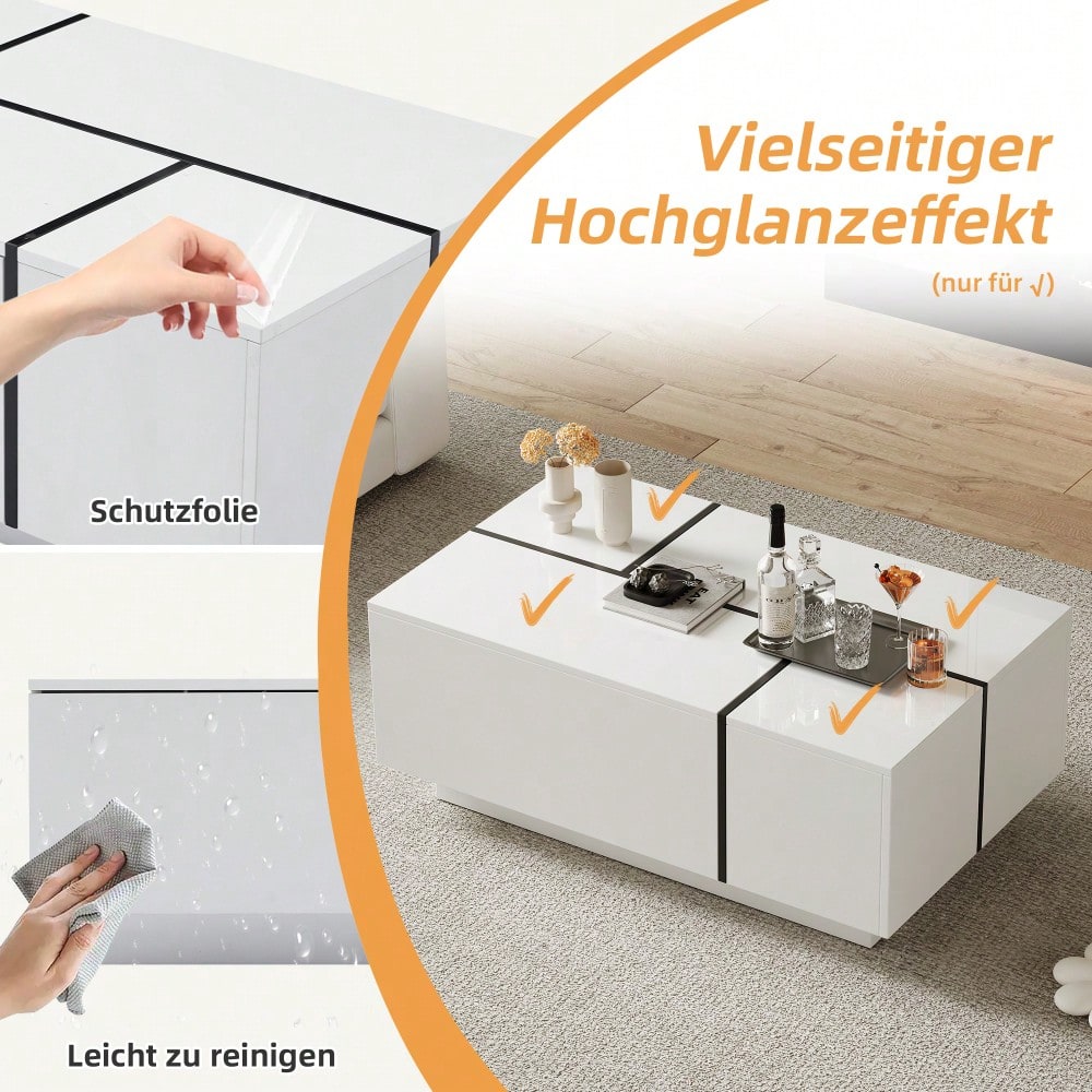Moderner weißer quadratischer Couchtisch, Sofatisch in Patchwork-Farben mit Hochglanzoptik, 100 x 60 x 40 cm – Wohnzimmertisch mit vier Schubladen, verschiebbare Tischplatte, Tragkraft bis zu 30 kg