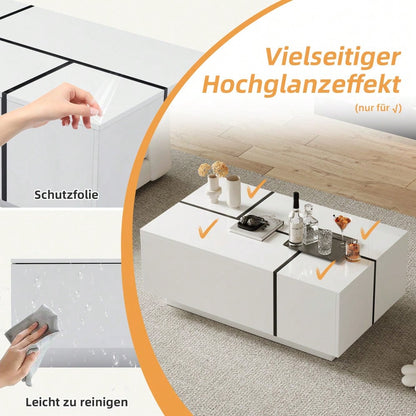 Moderner weißer quadratischer Couchtisch, Sofatisch in Patchwork-Farben mit Hochglanzoptik, 100 x 60 x 40 cm – Wohnzimmertisch mit vier Schubladen, verschiebbare Tischplatte, Tragkraft bis zu 30 kg