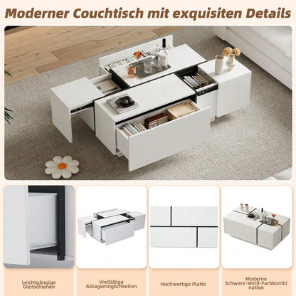 Moderner weißer quadratischer Couchtisch, Sofatisch in Patchwork-Farben mit Hochglanzoptik, 100 x 60 x 40 cm – Wohnzimmertisch mit vier Schubladen, verschiebbare Tischplatte, Tragkraft bis zu 30 kg