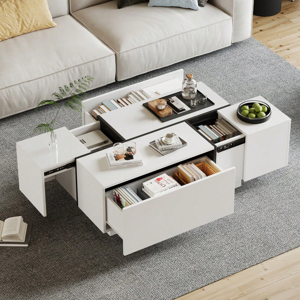 Moderner weißer quadratischer Couchtisch, Sofatisch in Patchwork-Farben mit Hochglanzoptik, 100 x 60 x 40 cm – Wohnzimmertisch mit vier Schubladen, verschiebbare Tischplatte, Tragkraft bis zu 30 kg