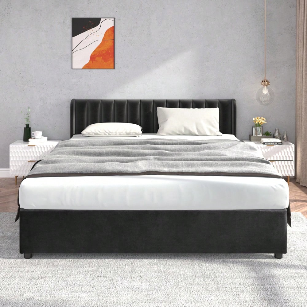 Polsterbett 180 x 200 cm Samt Mit Lattenrost Rückenlehne 2 Schubladen, Schwarz(OLD SKU:29985253AAS)