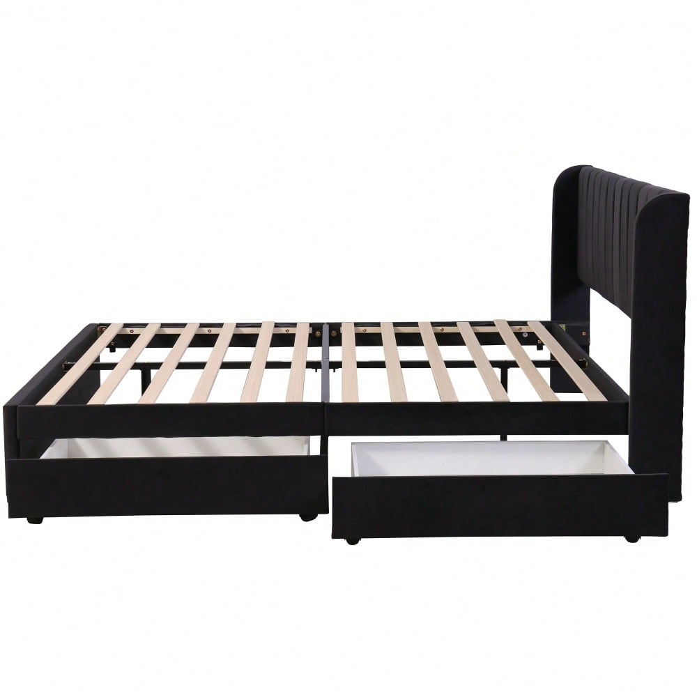 Polsterbett 180 x 200 cm Samt Mit Lattenrost Rückenlehne 2 Schubladen, Schwarz(OLD SKU:29985253AAS)