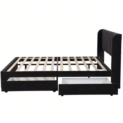 Polsterbett 180 x 200 cm Samt Mit Lattenrost Rückenlehne 2 Schubladen, Schwarz(OLD SKU:29985253AAS)