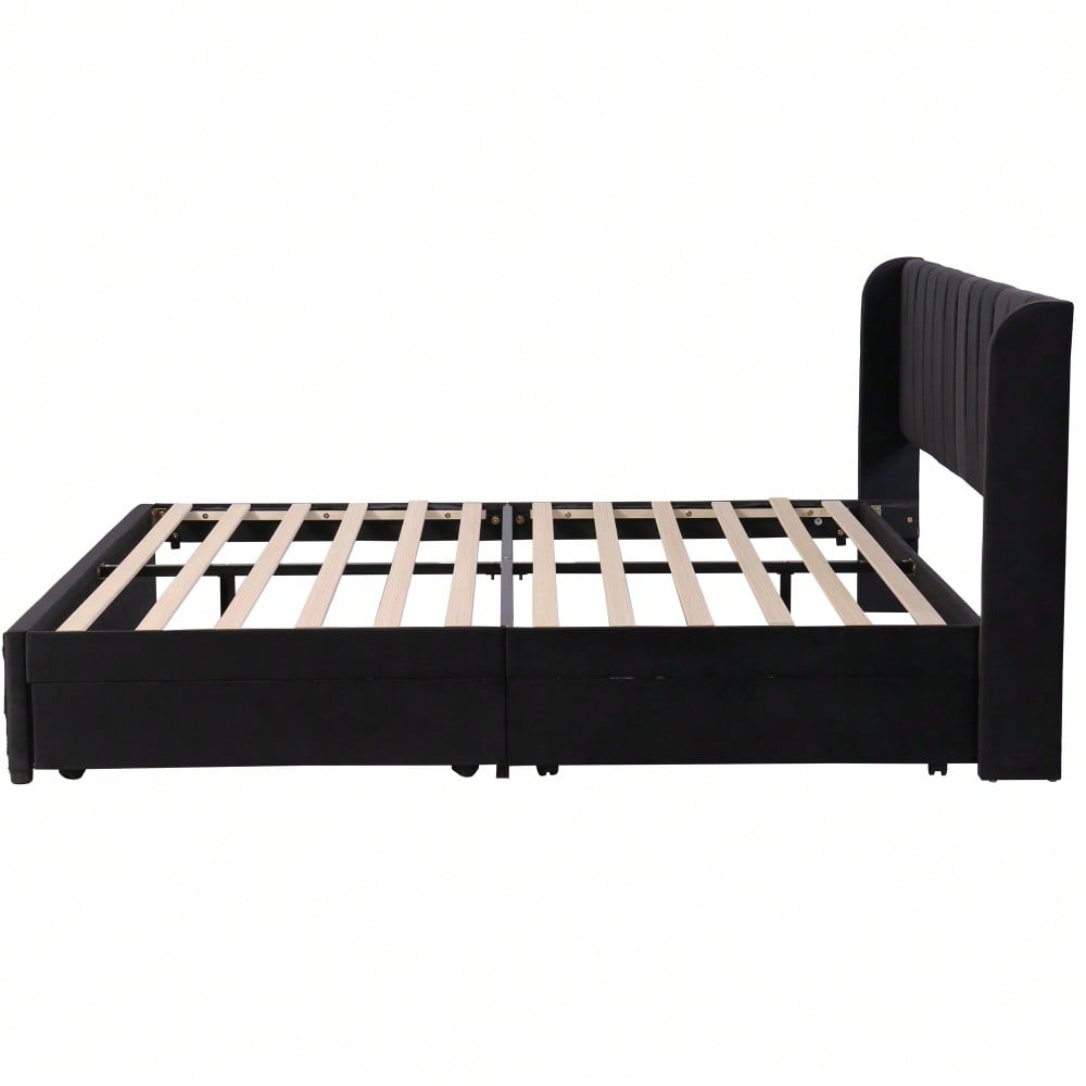 Polsterbett 180 x 200 cm Samt Mit Lattenrost Rückenlehne 2 Schubladen, Schwarz(OLD SKU:29985253AAS)