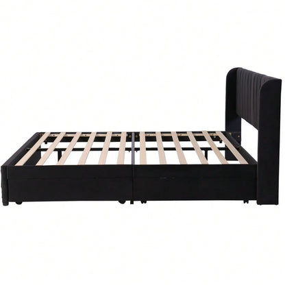 Polsterbett 180 x 200 cm Samt Mit Lattenrost Rückenlehne 2 Schubladen, Schwarz(OLD SKU:29985253AAS)