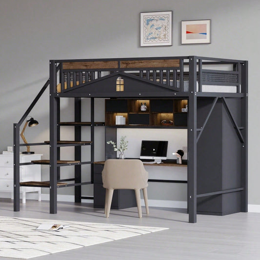 Metall-Hochbett 140 x 200 cm, Einzigartige Gehäuseform mit Fensterdesign, Mit Sicherheitsleiter, Viel Stauraum Unter Dem Bett, Schwarz