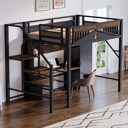 Metall-Hochbett 140 x 200 cm, Einzigartige Gehäuseform mit Fensterdesign, Mit Sicherheitsleiter, Viel Stauraum Unter Dem Bett, Schwarz