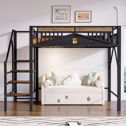Metall-Hochbett 140 x 200 cm, Einzigartige Gehäuseform mit Fensterdesign, Mit Sicherheitsleiter, Viel Stauraum Unter Dem Bett, Schwarz