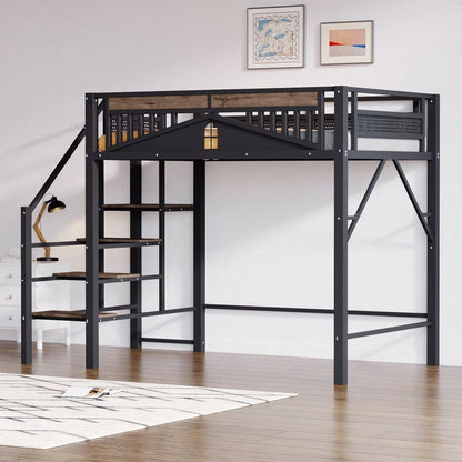 Metall-Hochbett 140 x 200 cm, Einzigartige Gehäuseform mit Fensterdesign, Mit Sicherheitsleiter, Viel Stauraum Unter Dem Bett, Schwarz