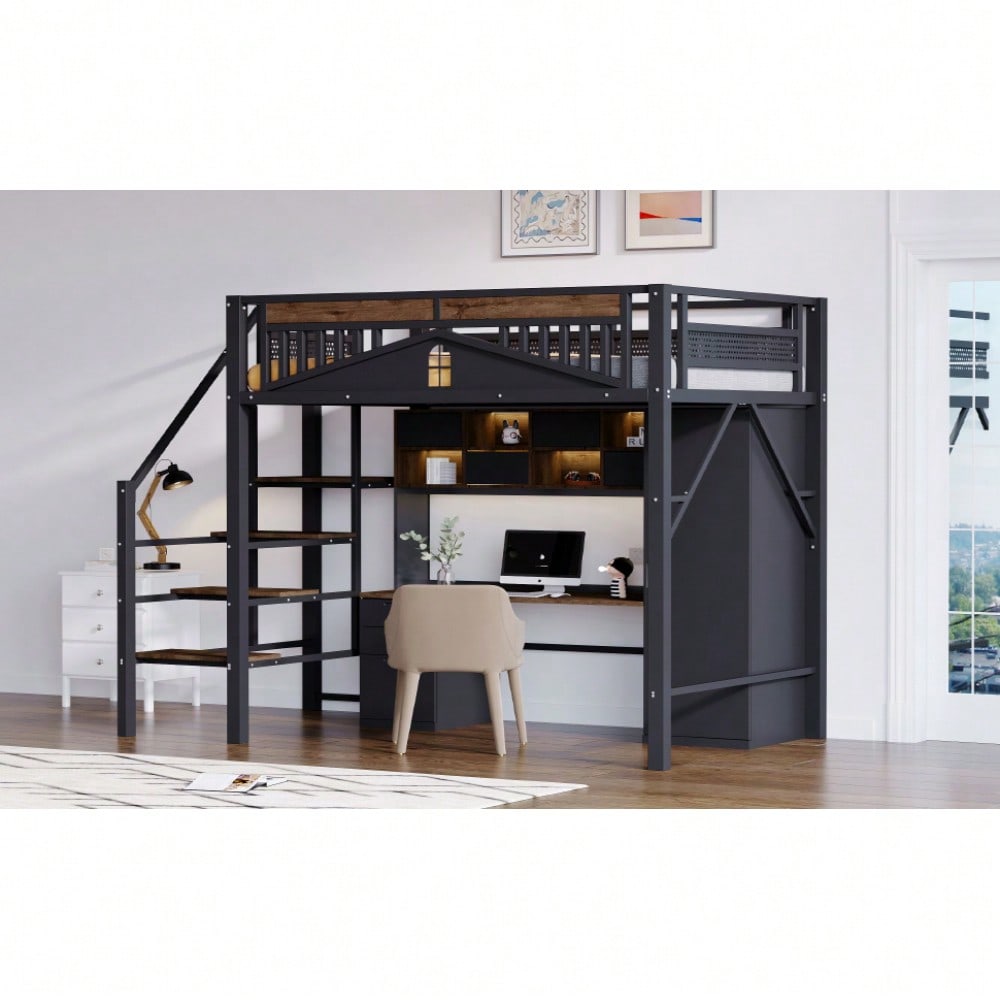 Metall-Hochbett 140 x 200 cm, Einzigartige Gehäuseform mit Fensterdesign, Mit Sicherheitsleiter, Viel Stauraum Unter Dem Bett, Schwarz