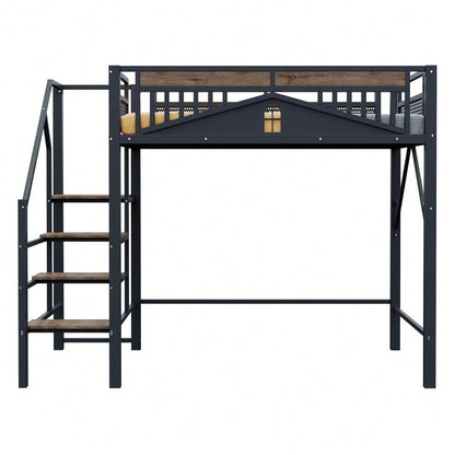Metall-Hochbett 140 x 200 cm, Einzigartige Gehäuseform mit Fensterdesign, Mit Sicherheitsleiter, Viel Stauraum Unter Dem Bett, Schwarz