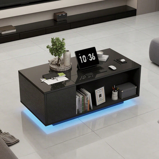 100*50*40cm Couchtisch Höhenverstellbarer Kaffeetisch mit Verstecktem Stauraum, Beistelltisch Mit LED-Licht , Wohnzimmertisch Mit Schublade, Tisch, Sofatisch,Schwarz