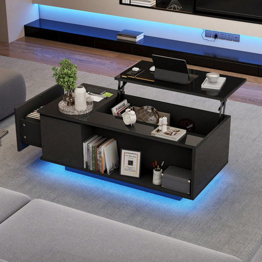 100*50*40cm Couchtisch Höhenverstellbarer Kaffeetisch mit Verstecktem Stauraum, Beistelltisch Mit LED-Licht , Wohnzimmertisch Mit Schublade, Tisch, Sofatisch,Schwarz