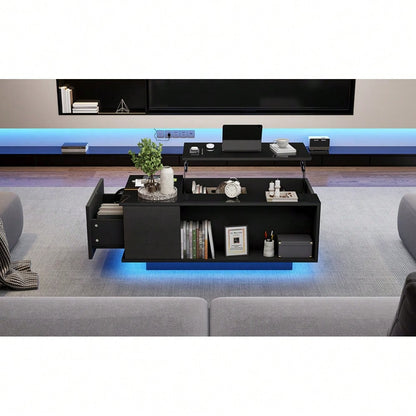 100*50*40cm Couchtisch Höhenverstellbarer Kaffeetisch mit Verstecktem Stauraum, Beistelltisch Mit LED-Licht , Wohnzimmertisch Mit Schublade, Tisch, Sofatisch,Schwarz