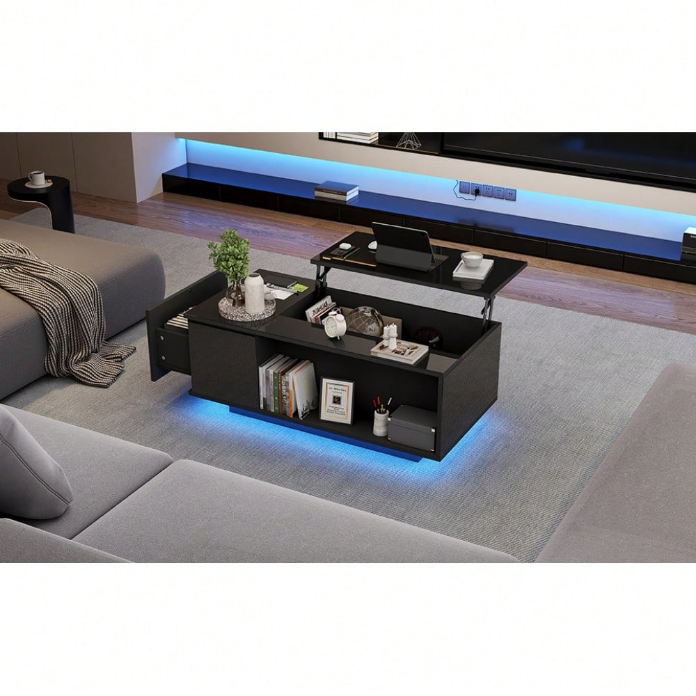 100*50*40cm Couchtisch Höhenverstellbarer Kaffeetisch mit Verstecktem Stauraum, Beistelltisch Mit LED-Licht , Wohnzimmertisch Mit Schublade, Tisch, Sofatisch,Schwarz