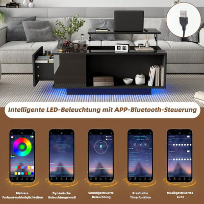 100*50*40cm Couchtisch Höhenverstellbarer Kaffeetisch mit Verstecktem Stauraum, Beistelltisch Mit LED-Licht , Wohnzimmertisch Mit Schublade, Tisch, Sofatisch,Schwarz