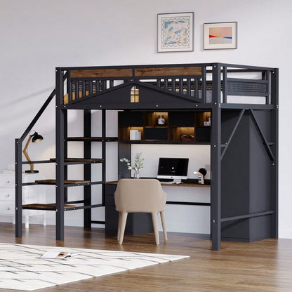 Metall-Hochbett 140 x 200 cm, Einzigartige Gehäuseform mit Fensterdesign, Mit Sicherheitsleiter, Viel Stauraum Unter Dem Bett, Schwarz