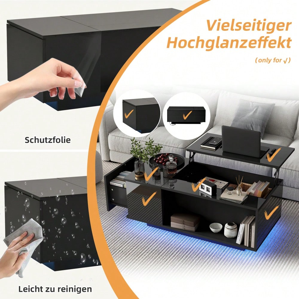 100*50*40cm Couchtisch Höhenverstellbarer Kaffeetisch mit Verstecktem Stauraum, Beistelltisch Mit LED-Licht , Wohnzimmertisch Mit Schublade, Tisch, Sofatisch,Schwarz