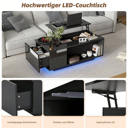 100*50*40cm Couchtisch Höhenverstellbarer Kaffeetisch mit Verstecktem Stauraum, Beistelltisch Mit LED-Licht , Wohnzimmertisch Mit Schublade, Tisch, Sofatisch,Schwarz
