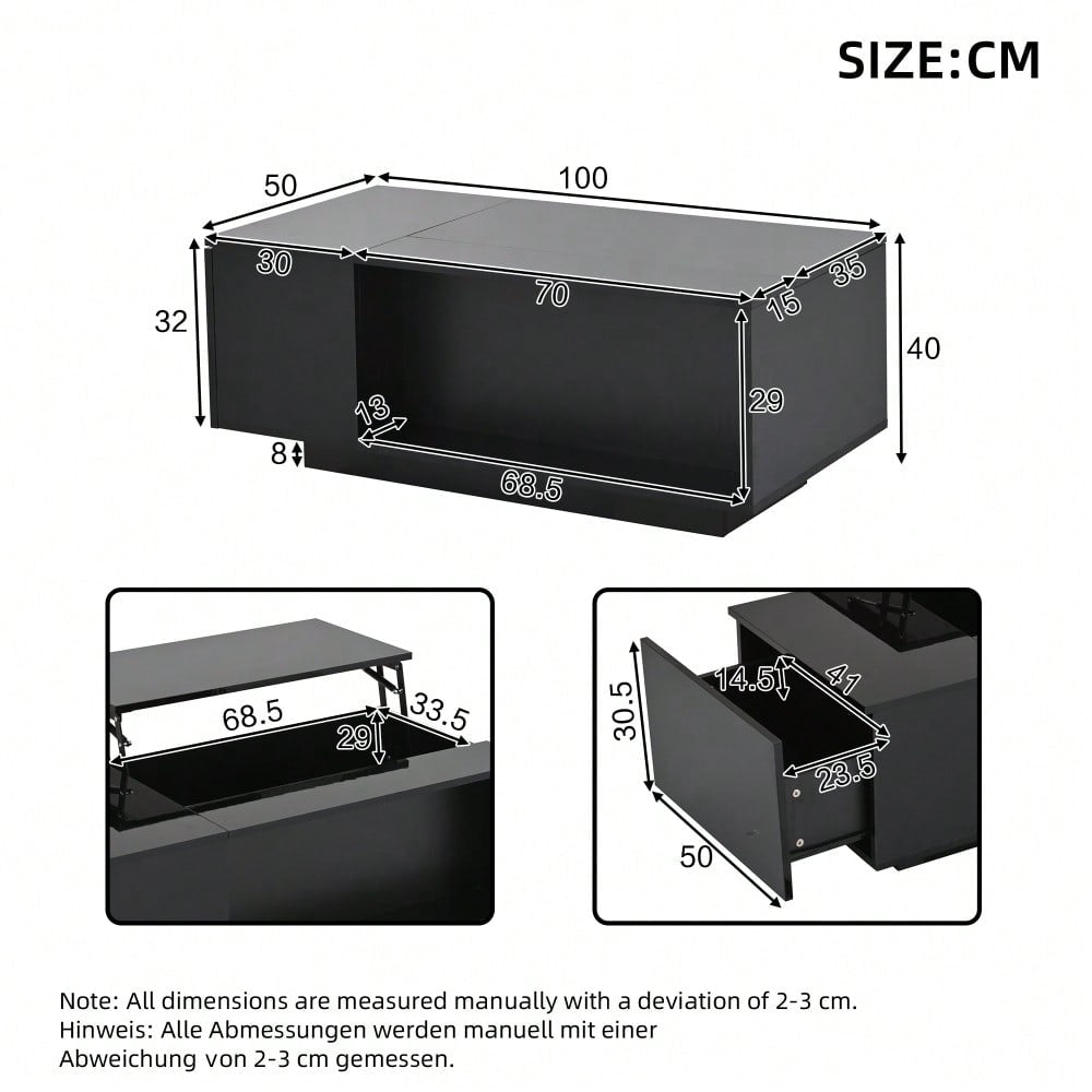 100*50*40cm Couchtisch Höhenverstellbarer Kaffeetisch mit Verstecktem Stauraum, Beistelltisch Mit LED-Licht , Wohnzimmertisch Mit Schublade, Tisch, Sofatisch,Schwarz