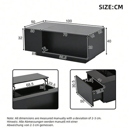 100*50*40cm Couchtisch Höhenverstellbarer Kaffeetisch mit Verstecktem Stauraum, Beistelltisch Mit LED-Licht , Wohnzimmertisch Mit Schublade, Tisch, Sofatisch,Schwarz