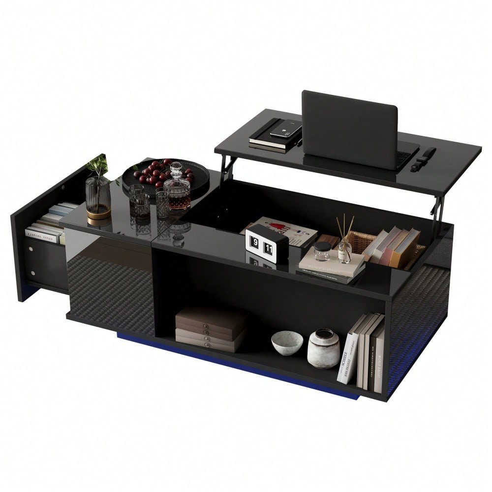100*50*40cm Couchtisch Höhenverstellbarer Kaffeetisch mit Verstecktem Stauraum, Beistelltisch Mit LED-Licht , Wohnzimmertisch Mit Schublade, Tisch, Sofatisch,Schwarz
