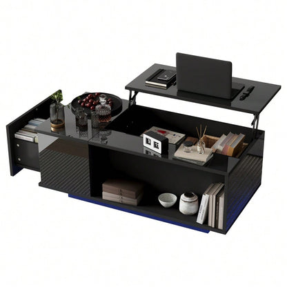 100*50*40cm Couchtisch Höhenverstellbarer Kaffeetisch mit Verstecktem Stauraum, Beistelltisch Mit LED-Licht , Wohnzimmertisch Mit Schublade, Tisch, Sofatisch,Schwarz