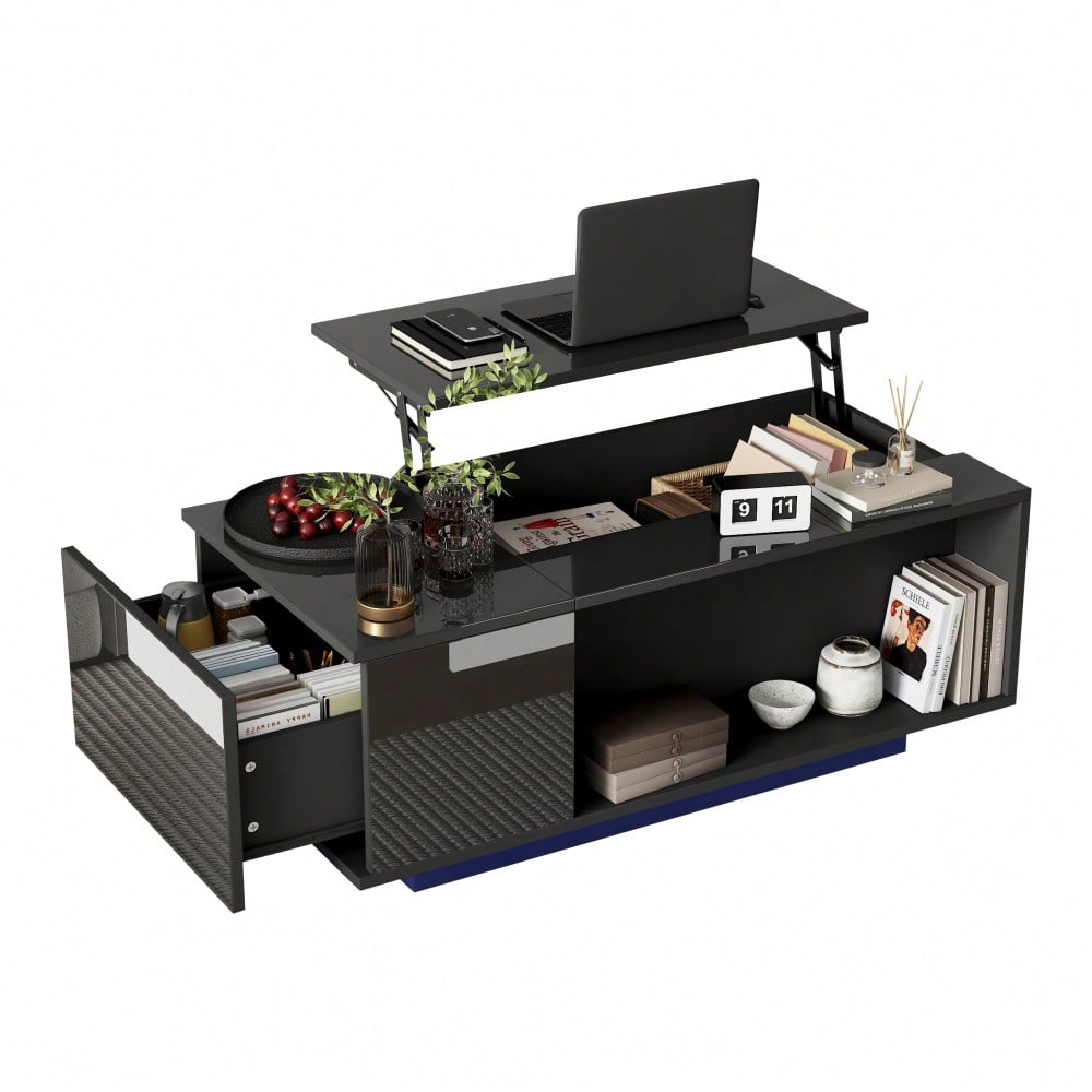 100*50*40cm Couchtisch Höhenverstellbarer Kaffeetisch mit Verstecktem Stauraum, Beistelltisch Mit LED-Licht , Wohnzimmertisch Mit Schublade, Tisch, Sofatisch,Schwarz